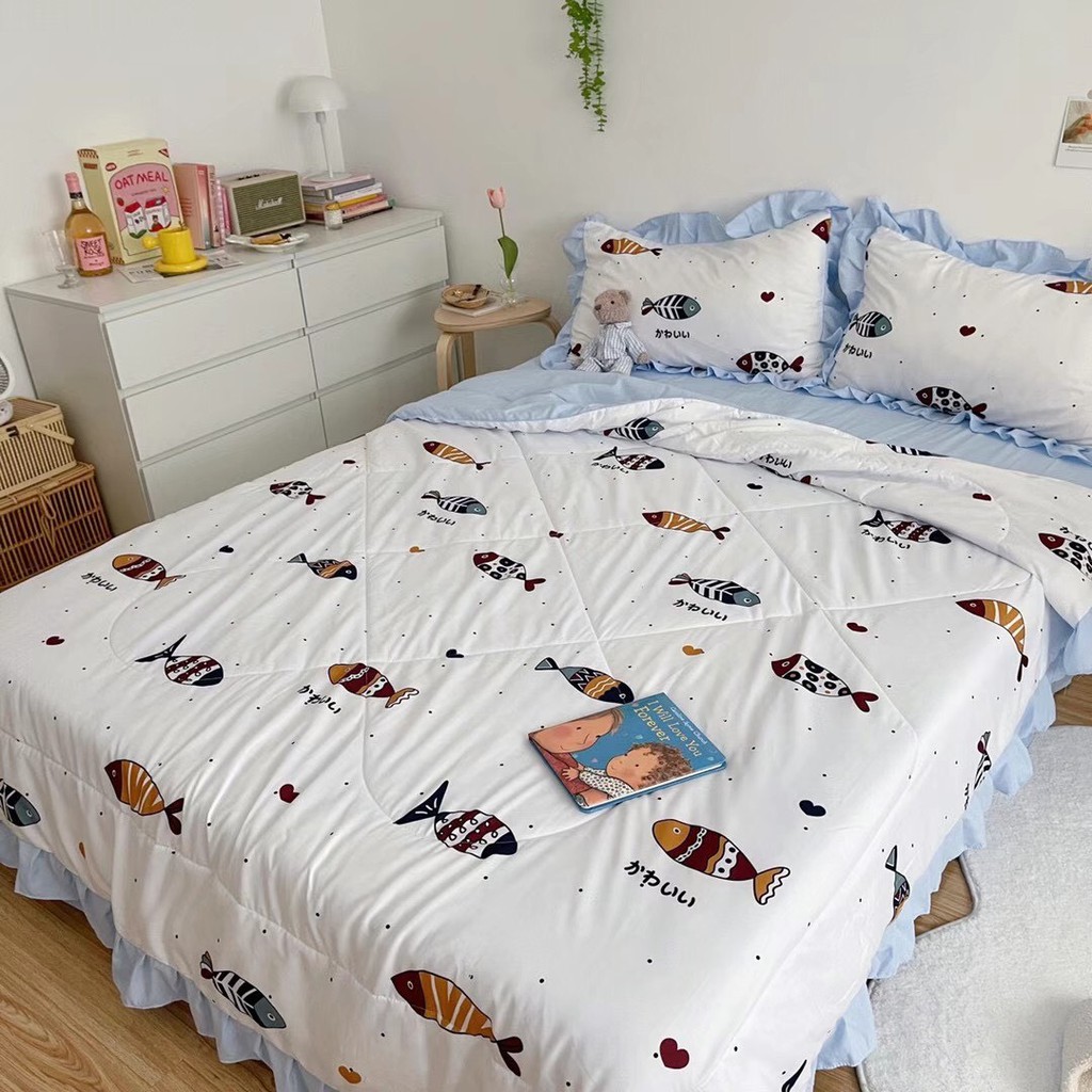 Bộ chăn đũi hè vỏ ga và 2 vỏ gối M2T bedding chăn lót bông thiết kế phối bèo họa tiết Đại Dương xanh