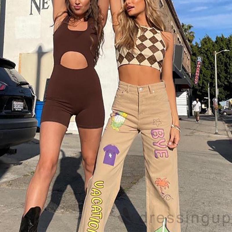 Áo croptop sát nách cổ tròn dáng ôm in họa tiết thời trang cho nữ