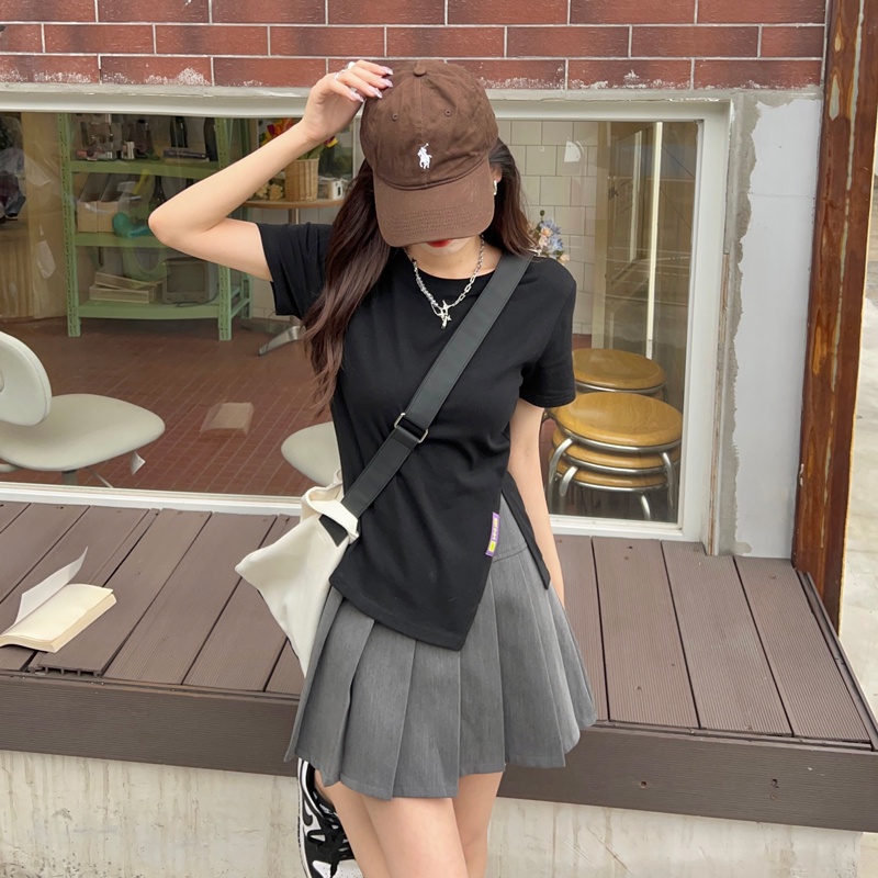 Áo Thun Tay Ngắn Cổ Tròn Xẻ Tà Thời Trang Dành Cho Nữ