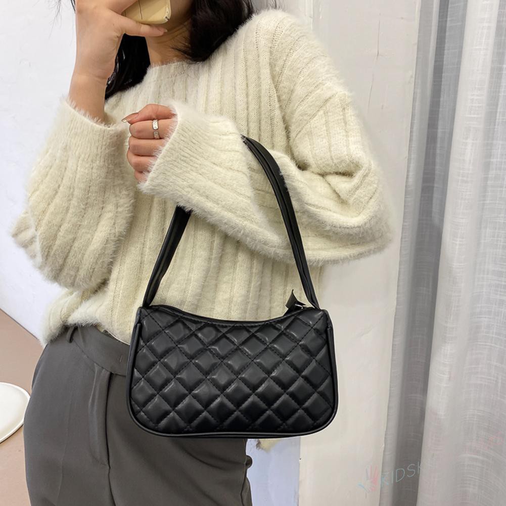 Women Lattice Pattern Shoulder Underarm Bag Solid PU Casual Handbags Totes