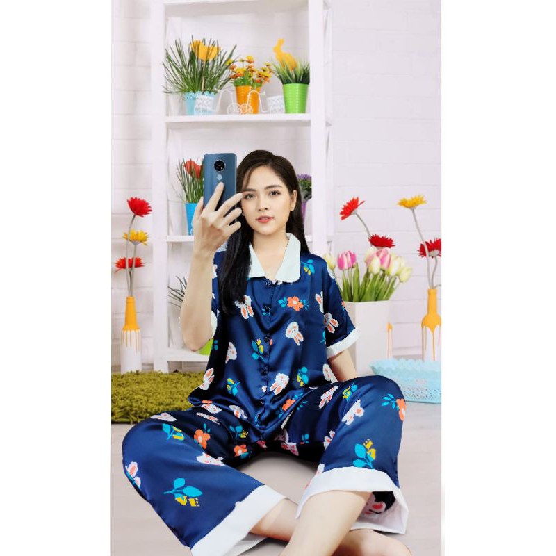 (Bigsize 90kg) Bộ lụa satin hoạ tiết thỏ & hoa