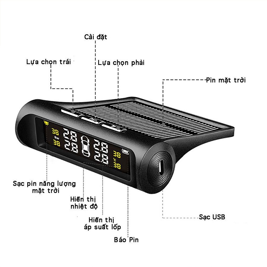 Cảm biến áp suất lốp cao cấp TPMS ô tô pin sạc năng lượng mặt trời màn hình LCD tuổi thọ pin 5 năm