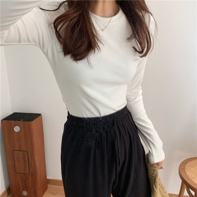 Áo thun tay dài cổ tròn lót nhung thời trang thu đông mới cho nữ 2021