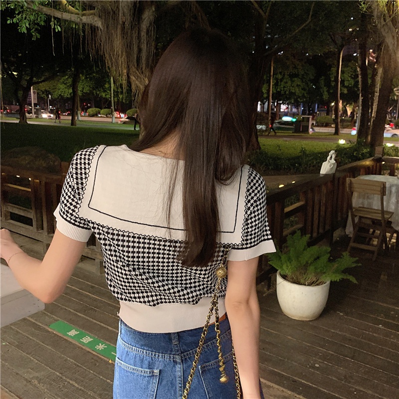 【Hana and Alice】Áo Sweater Tay Ngắn Cổ Thủy Thủ Dáng Rộng Phong Cách Hàn Quốc Thời Trang Mùa Hè 2023 Mới Cho Nữ