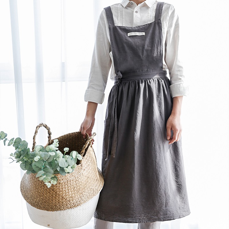 Tạp Dề cotton linen Dài Xếp Ly Đơn Giản Phong Cách Nhật Bản