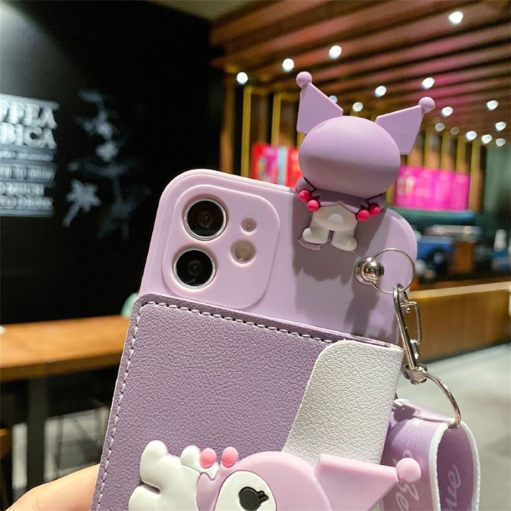 Ốp Điện Thoại Màu Đen Nhám Hình Kuromi Nhật Bản Có Ngăn Đựng Thẻ + Dây Đeo + Giá Đỡ Cho iPhone 7 Trong 1 14 13 12 11 Pro Max mini X XS XR 8 7 6 6s Plus