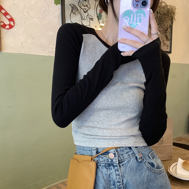 Áo Thun Dài Tay Ôm Dáng Màu Sắc Tương Phản Thời Trang Mùa Thu Cho Nữ