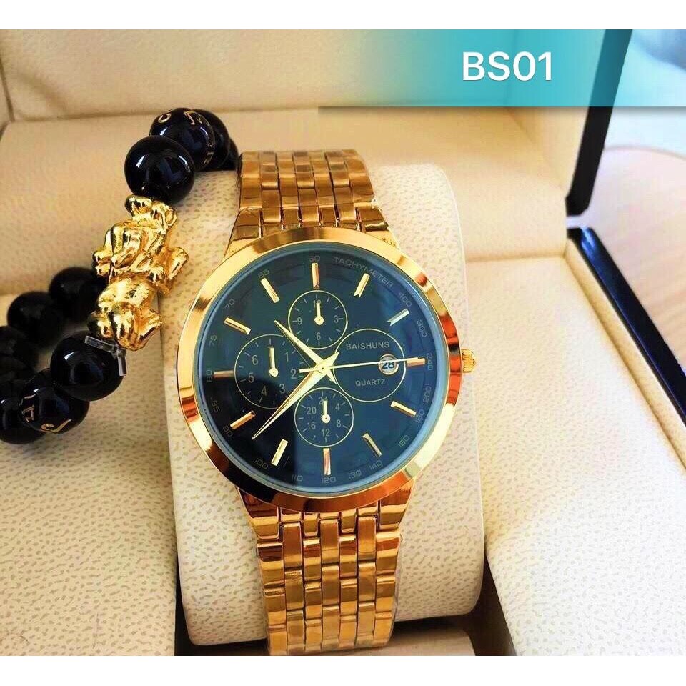 đồng hồ nam đẹp Baishuns mặt đen BSE01 chống nước chống xước,tặng kèm vòng tay