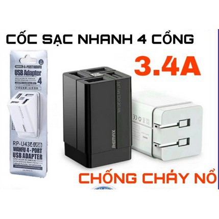 Cốc sạc Củ sạc REMAX RP-U43 nhanh 4 cổng CHỐNG CHÁY NỔ 3.4A - SẠC NHANH Quick Charge 3.4A