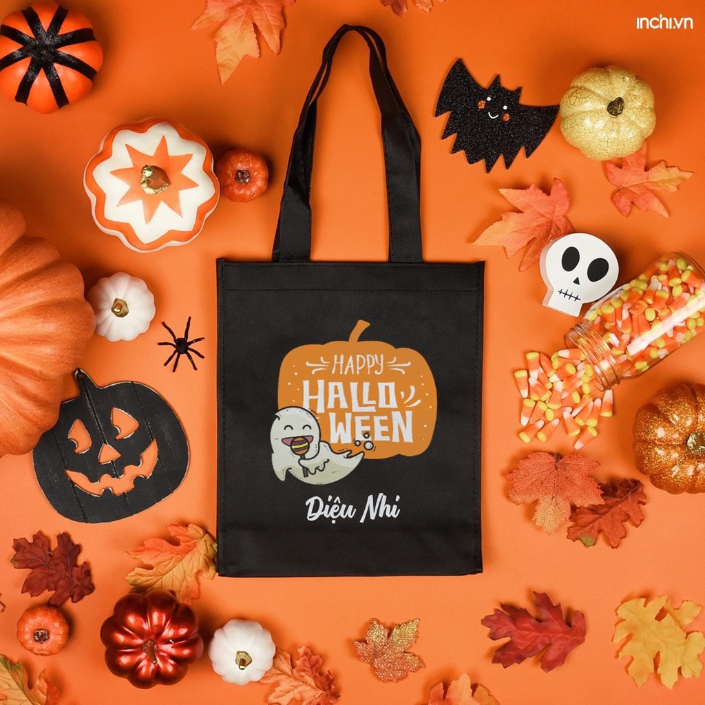 ( Có in theo yêu cầu, sll) Túi Tote Đen Khóa Vải Canvas In Họa Tiết Halloween Độc Đáo Thú Vị Có Túi Con