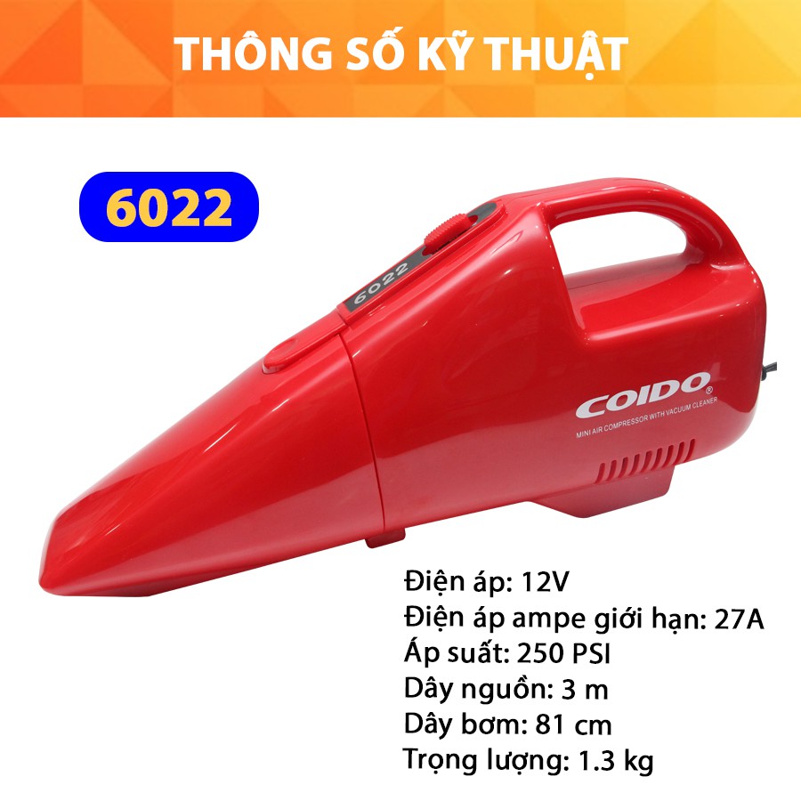 [Mã BMBAU300 giảm 10% đơn 499K] Máy Hút Bụi Kiêm Bơm Lốp Ô Tô COIDO HC6022 Nhập Khẩu Chính Hãng