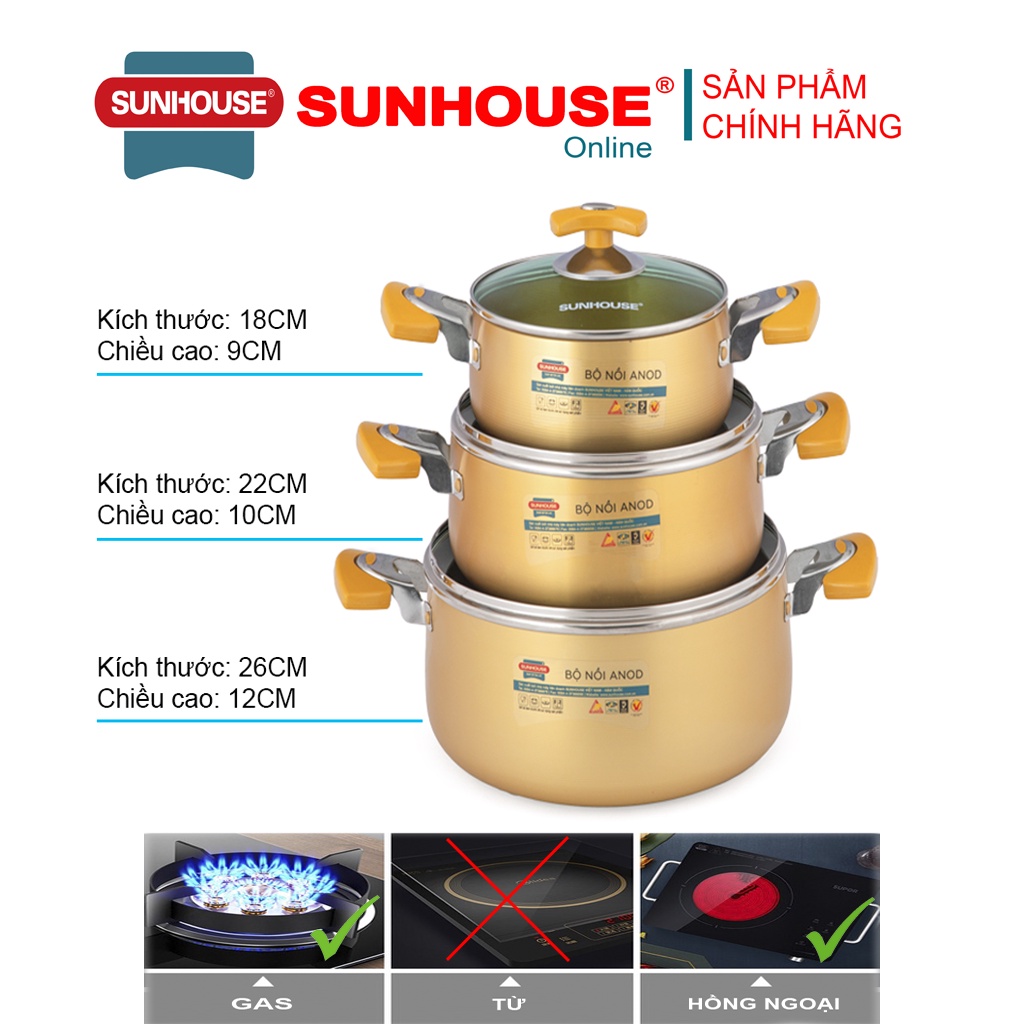 Bộ nồi anod Sunhouse SH8834 ( Size 18-22-26cm ) - Ảnh thực tế