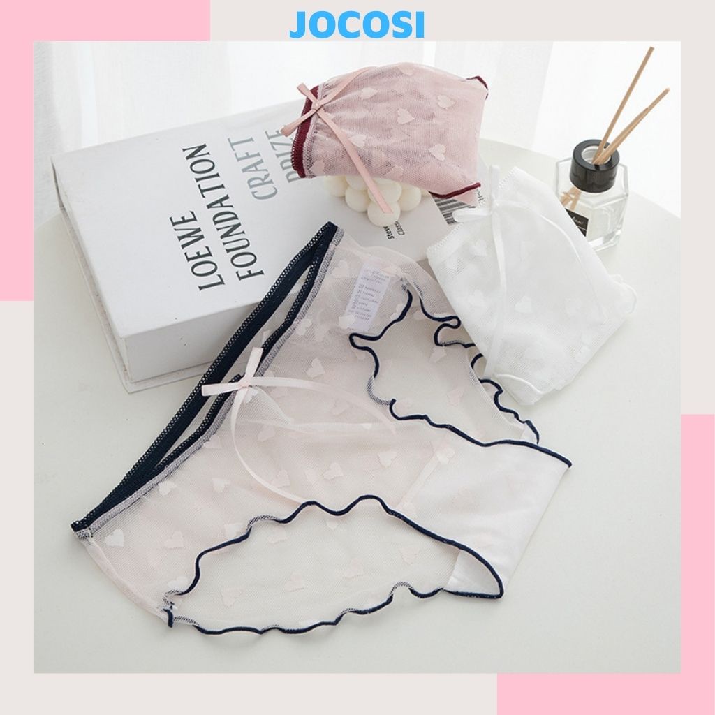Quần lót nữ ren lưới xuyên thấu sexy gợi cảm ôm dáng, Quần chíp nữ viền màu đính nơ đẹp dễ thương JOCOSI L006