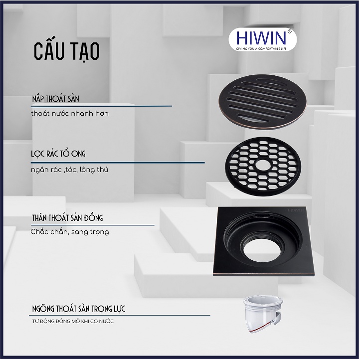 Phễu thoát sàn chống mùi hôi thoát nước nhanh đồng mạ đen kích thước 100x100mm HIWIN FD-1101B