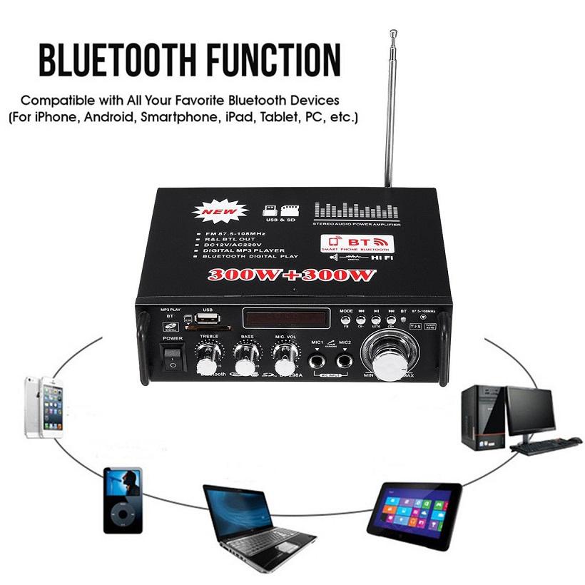 Bộ Ampli Mini Bluetooth BT-298A sử dụng nguồn AC 220v hoặc DC 12V tích hợp 2 cổng MIC - Ampli Mini Karaoke Bluetooth