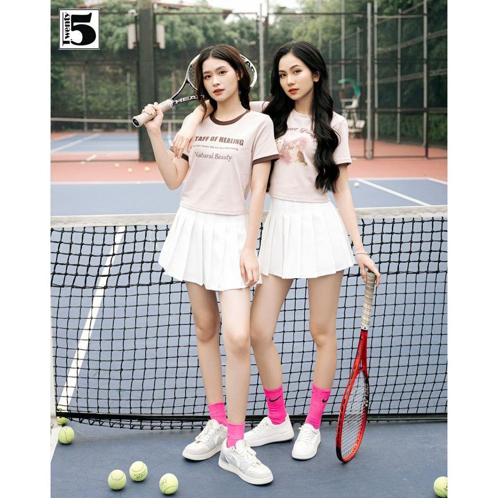Áo thun nữ Twentyfive cổ tròn dáng ôm croptop co dãn in chữ phối viền màu 4675