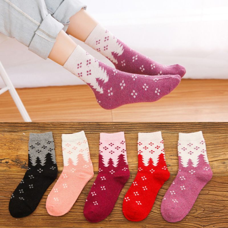 Set 5 Đôi Tất Dệt Kim Dày In Họa Tiết Hoạt Hình Nhiều Màu Sắc Thời Trang Mùa Đông Cho Nữ