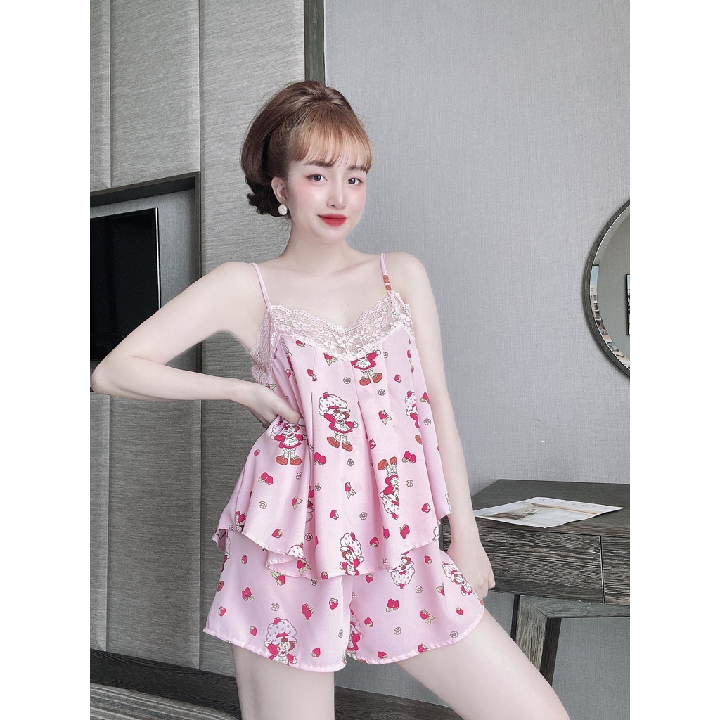 Đồ Ngủ Sexy Nữ, Bô Ngủ Hai Dây Chất Mango Hoa Ren Ngực Freesize Dưới 65Kg