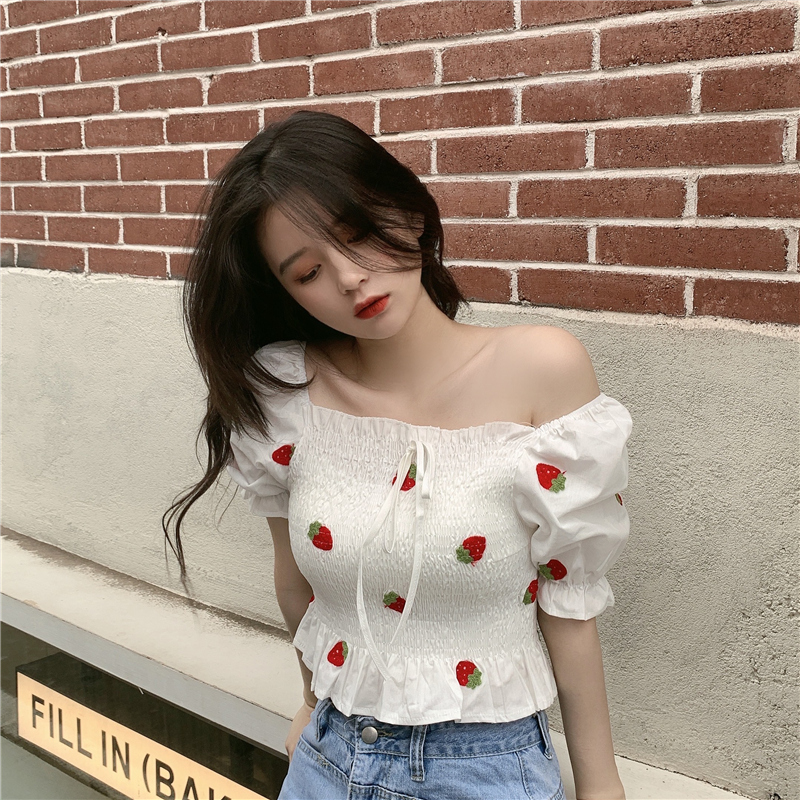 IELGY Áo Kiểu Tay Phồng Thêu Họa Tiết Trái Cây Thời Trang Dành Cho Nữ