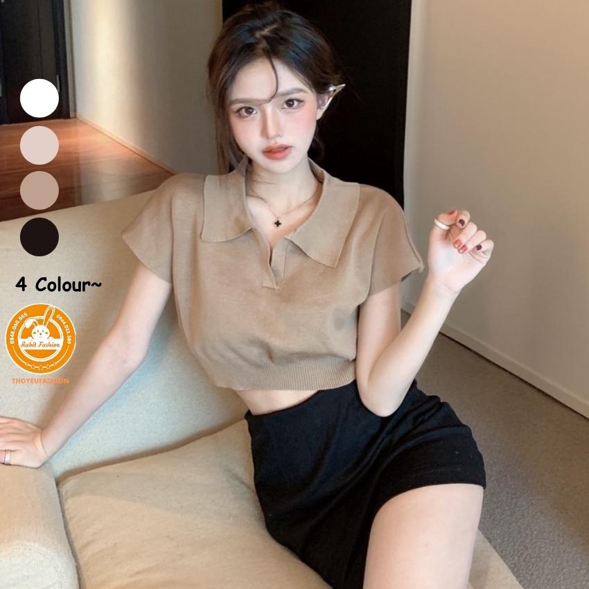 Áo len nữ croptop THOYEUFASHION, Áo croptop nữ chất len tăm cộc tay cổ bẻ hàng dệt kim cao cấp