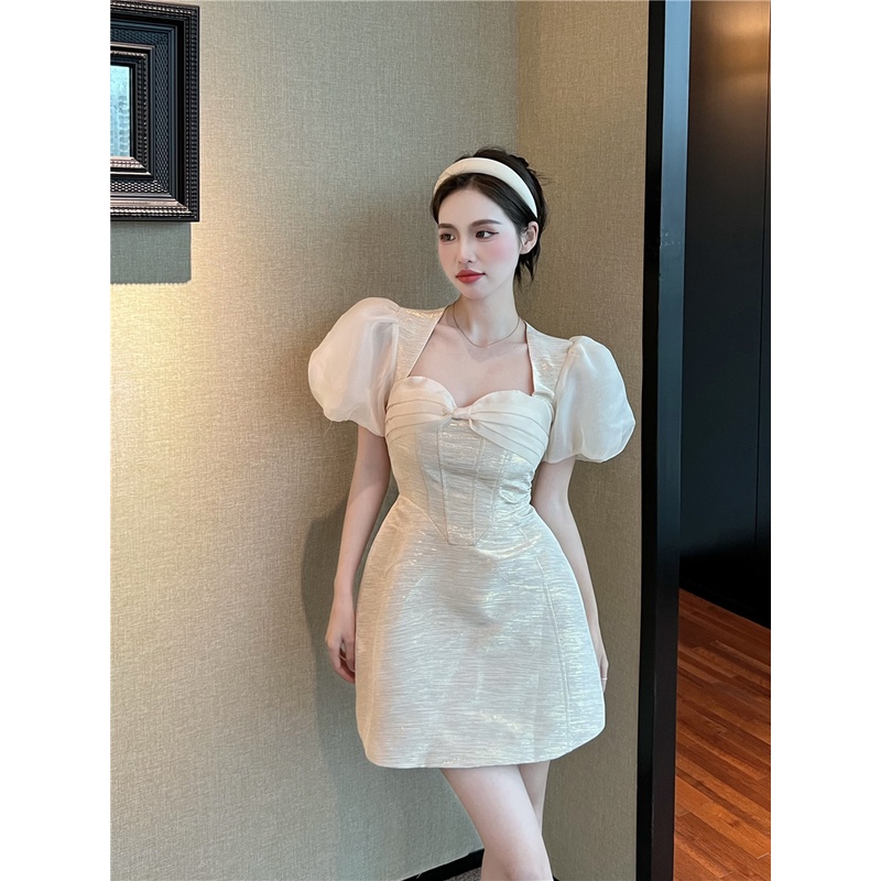 Đầm Váy Ngắn Xòe Công Chúa Nữ Thiết Kế Quảng Châu Cao Cấp Tay Bồng Màu Trắng Be Mặc Đi Dự Tiệc Đám Cưới Sinh Nhật Kỷ Yếu