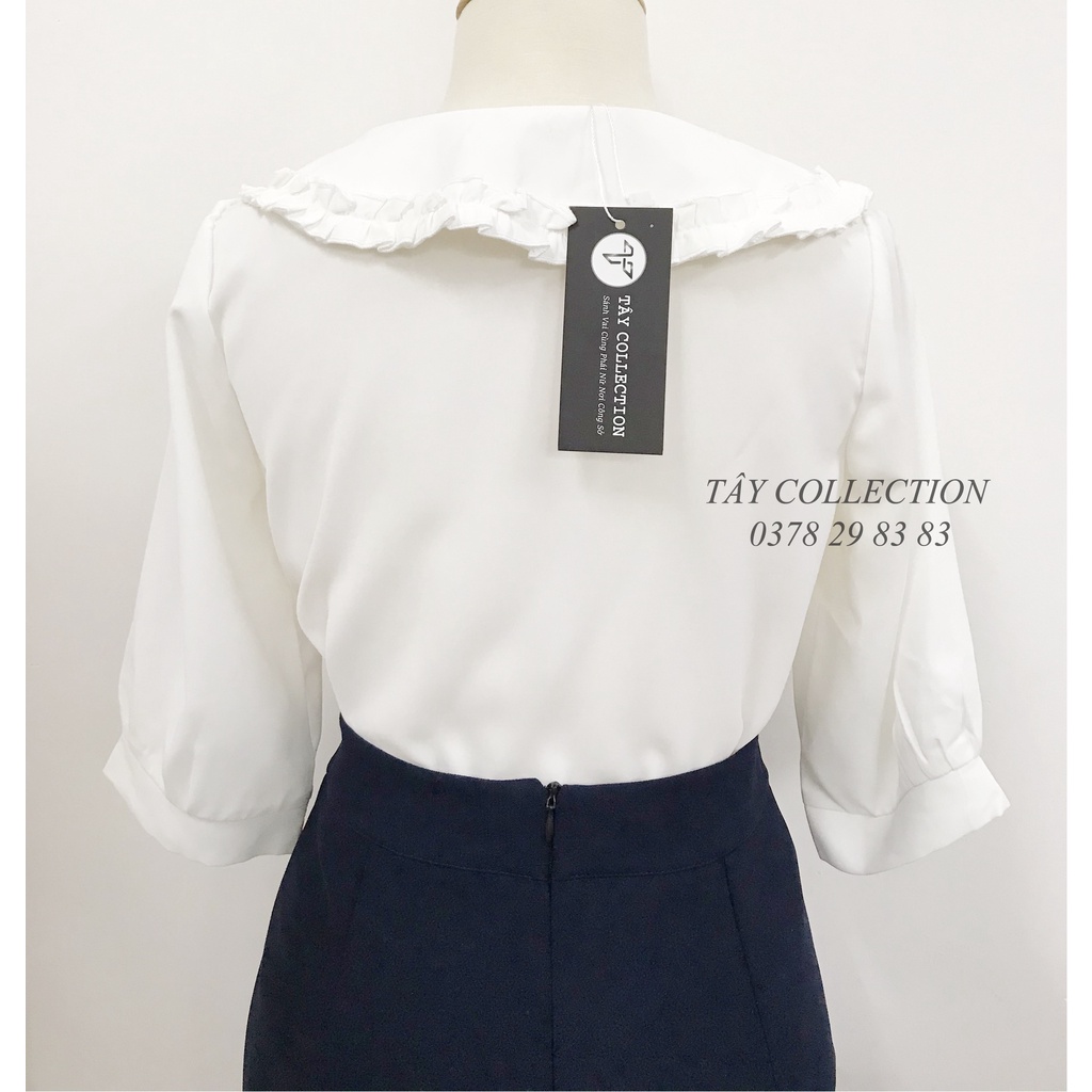 Áo sơ mi phối cổ nhún bèo cột nơ thiết kế Tây Collection