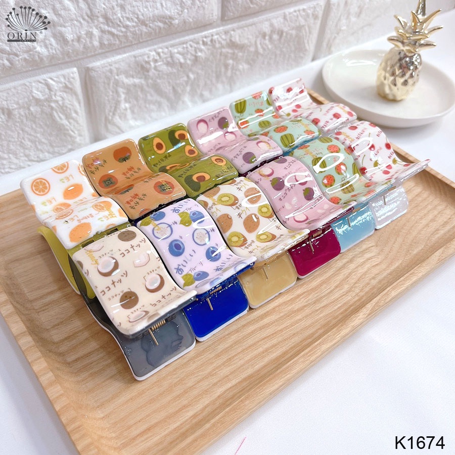 Kẹp tóc càng cua 5 răng họa tiết trái cây 3D vintage Orin K1674