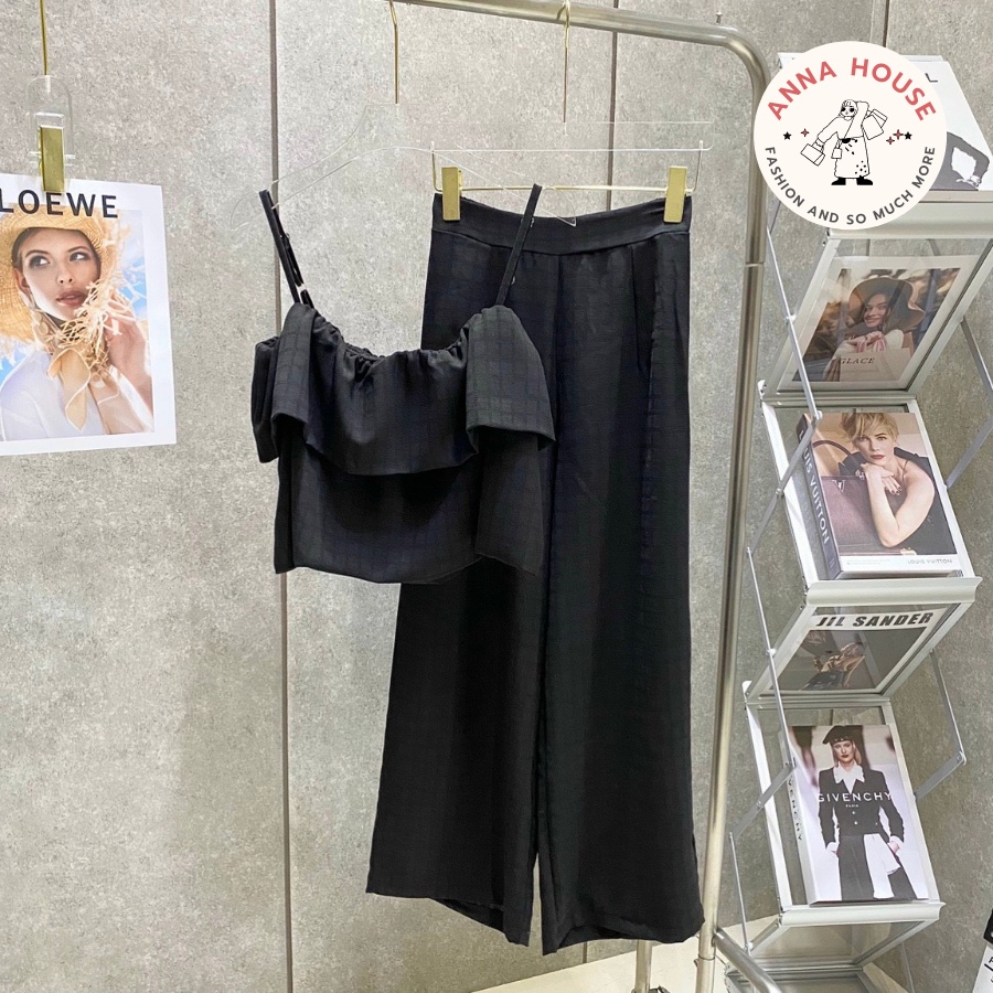 Set đồ nữ áo 2 dây 2 bèo babydoll kèm quần ống rộng đi biển, set đồ đi biển áo hai dây kèm quần suông dài ống rộng