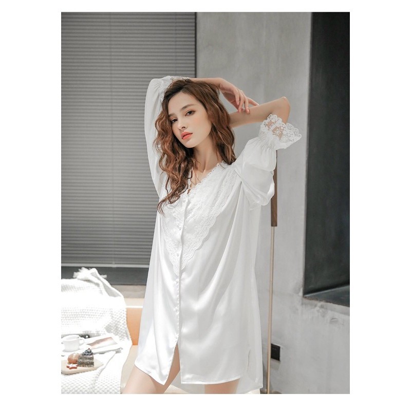 Váy ngủ sơ mi tay dài trắng trơn cut ngọ.c tra.i lụa satin cao cấp quảng châu