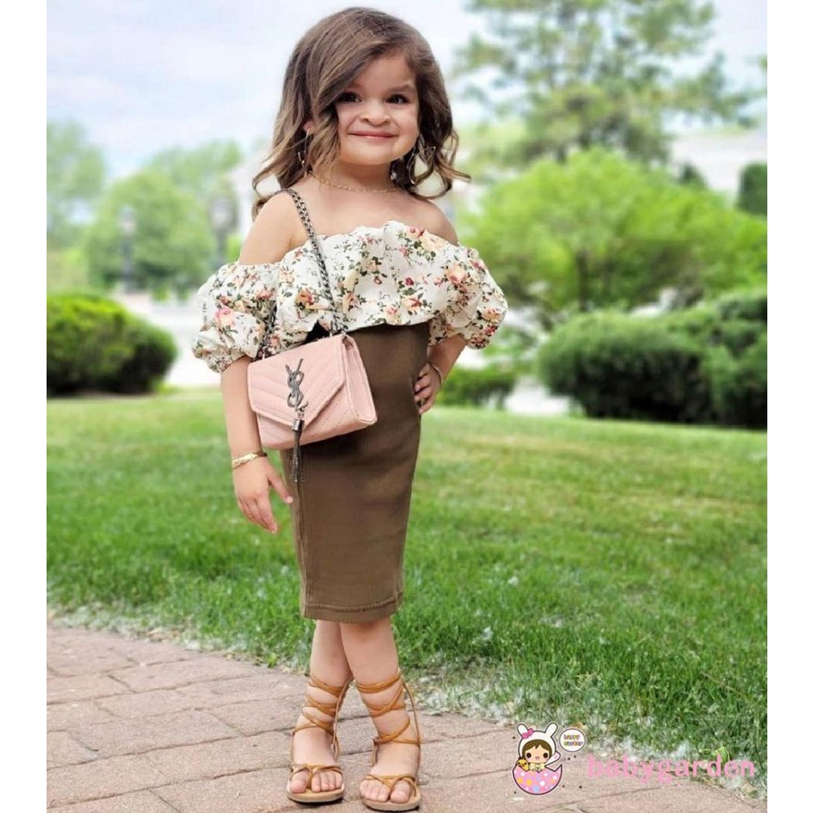 Bộ Áo Trễ Vai Ngắn Tay + Chân Váy Dệt Kim Lưng Thun In Hoa Xinh Xắn Cho Bé Gái 1-6 Tuổi