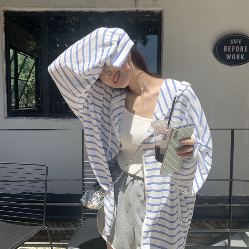 Áo Khoác cardigan Tay Dài Dáng Rộng Họa Tiết Kẻ Sọc Thời Trang Mùa Hè Cho Nữ