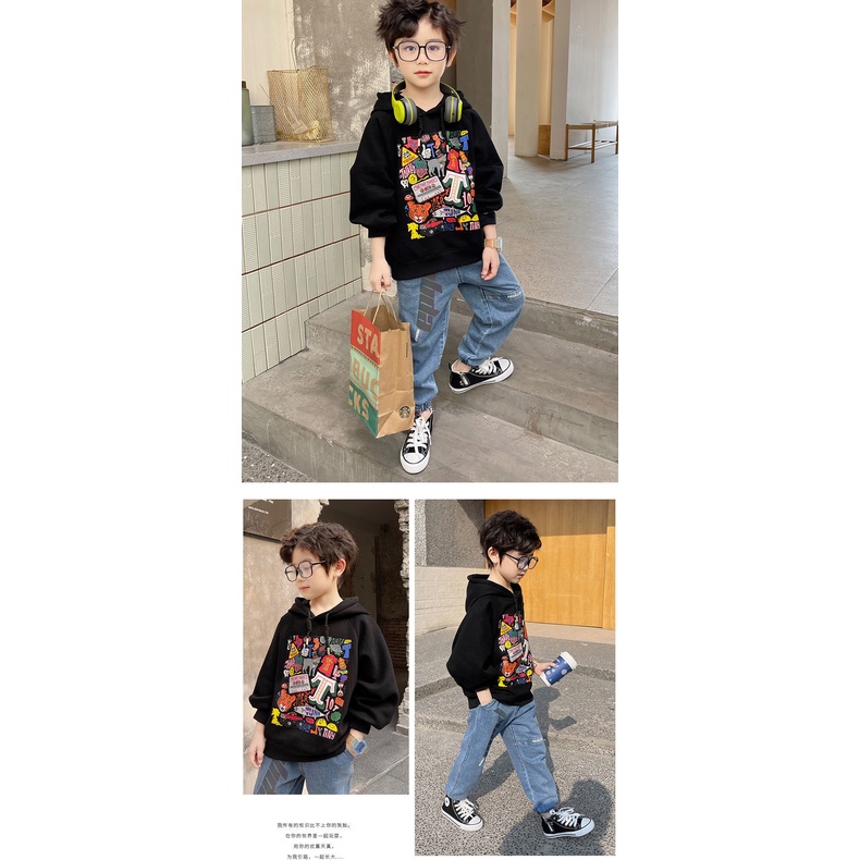 Áo hoodie AMILA dáng rộng họa tiết hoạt hình phong cách Hàn Quốc cho bé trai