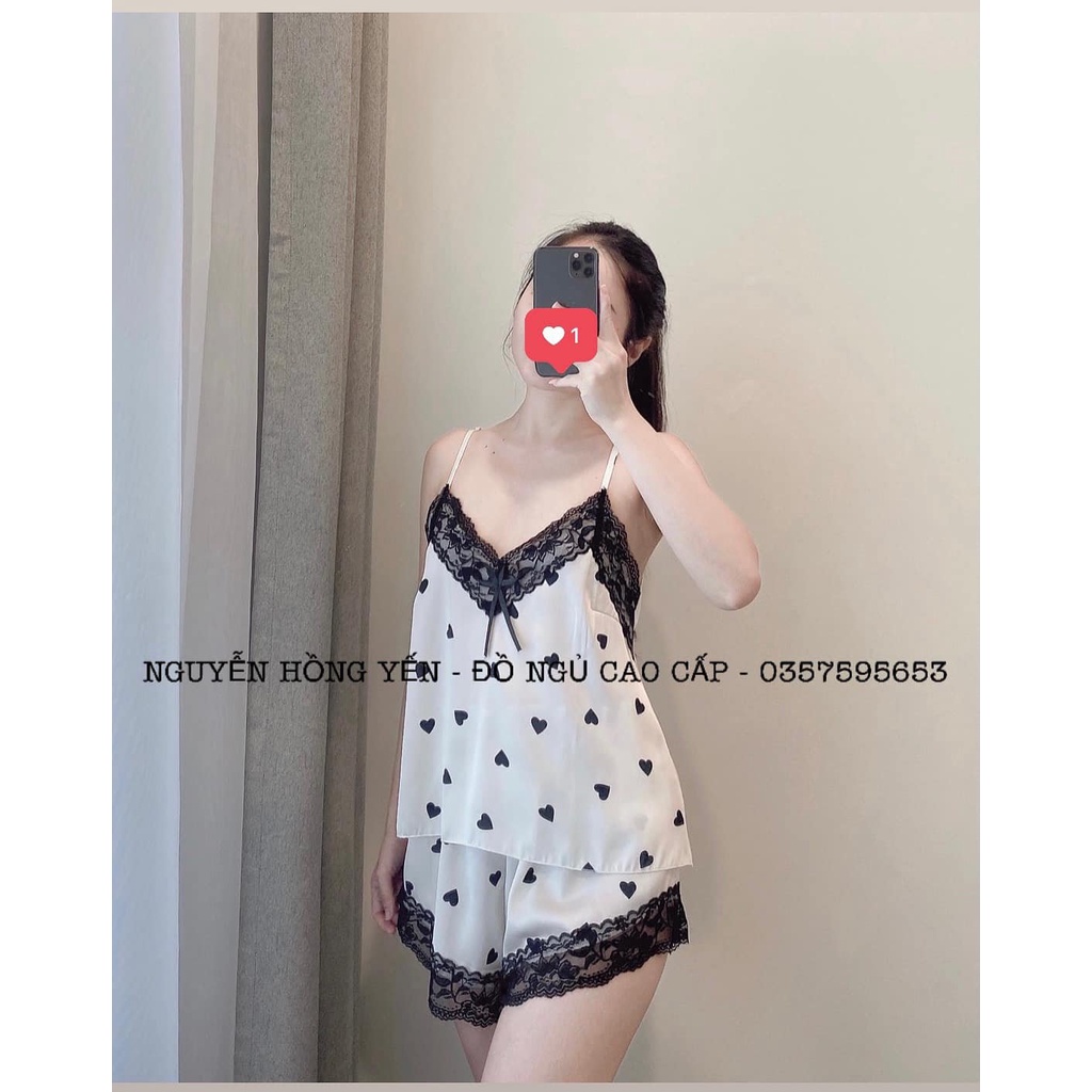 Set đồ ngủ hai dây họa tiết dễ thương vải lụa cao cấp Bộ mặc nhà thoáng mát quần cạp chun