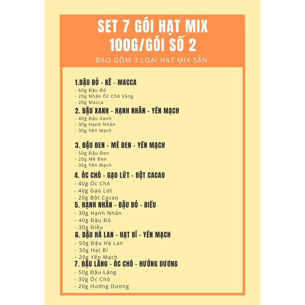 [ 7 gói hạt mix sẵn 100g ] Combo 7 gói hạt dinh dưỡng làm sữa mix sẵn cho 1 tuần tiện lợi đầy đủ dinh dưỡng
