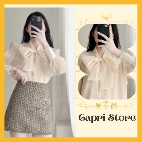 Áo sơ mi lụa voan 2 lớp dài tay, cúc ngọc, cổ nơ siêu xinh -CAPRI STORE
