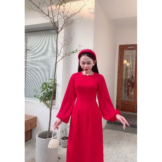 Áo dài đỏ 2 tà phối tay