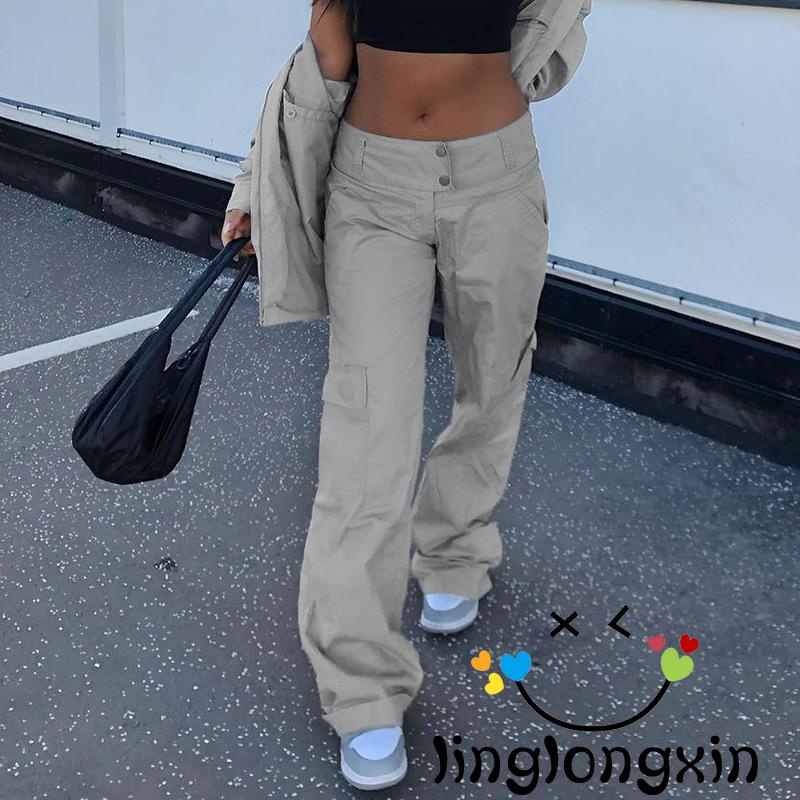 Linglongxi2-quần Túi Hộp Dáng Suông Rộng Cài Nút Có Khóa Kéo Cho Nữ