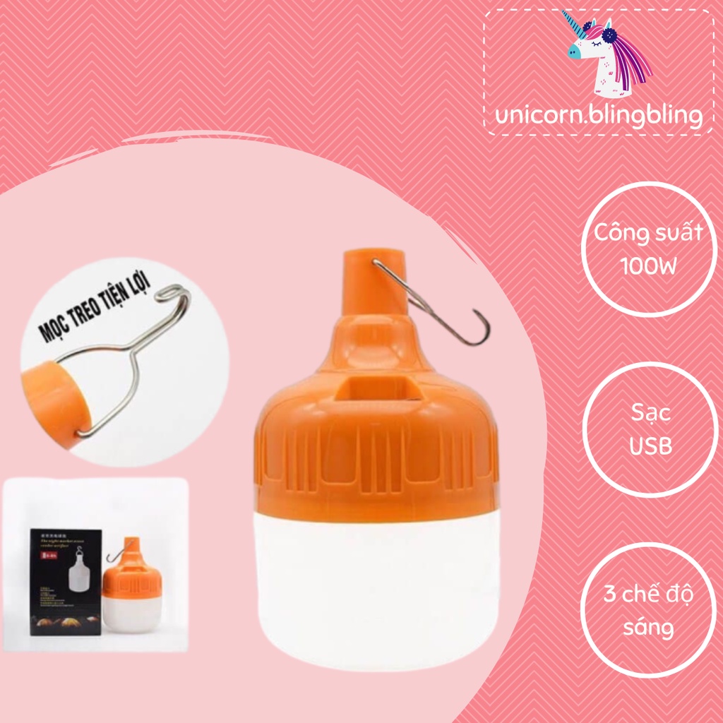 Bóng Đèn Sạc Tích Điện Du Lịch Cắm Trại 100W Có Móc Treo