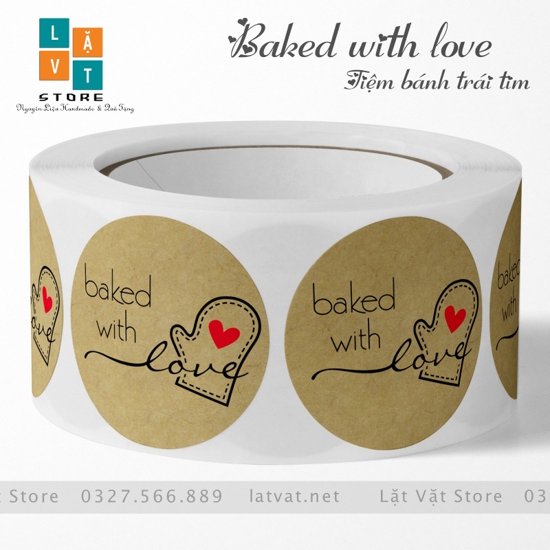 Tem tròn decal Baked with Love giành cho tiệm bánh, cảm ơn tri ân khách hàng, trang trí sản phẩm
