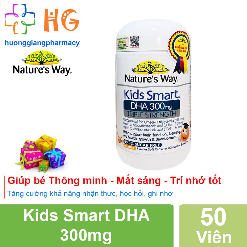 DHA cho bé Nature’s way kids smart dha 300mg dha cho trẻ Bổ não trẻ em Omega 3 bổ mắt cho bé Viên nhai Lọ 50 viên