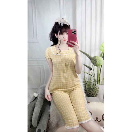Đồ bộ nữ mặc nhà mùa hè quần lửng vải đũi Hàn siêu mềm mát màu kẻ ô thời trang