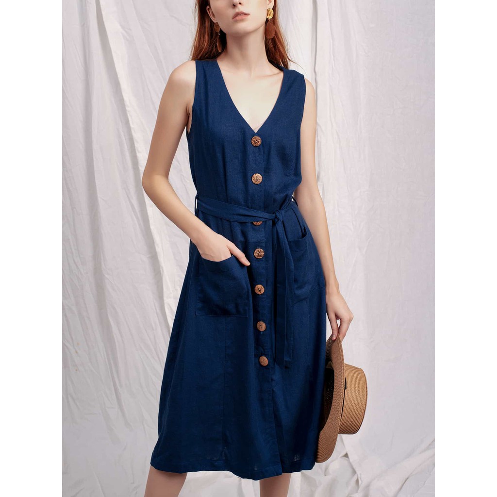 Đầm thắt dây nữ YV LE & CO vải lanh màu xanh indigo tạo nét duyên dáng