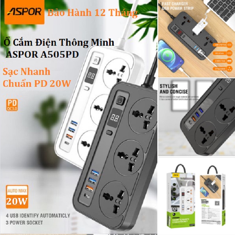 Ổ điện thông minh Aspor A505PD Sạc nhanh USB-C 20W PD, Chống cháy nổ, Chip IQ điều chỉnh điện áp, dây dài 2m, có hẹn giờ