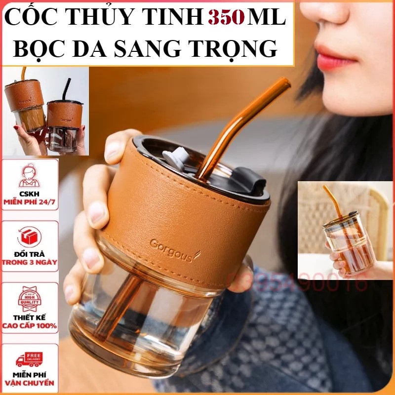 Ly Thủy Tinh Có Nắp Bọc Da Cao Cấp - Thủy Tinh Dày Dặn - Nắp Kín, Không Chảy Nước, Có Khe Cắm Ống Hút