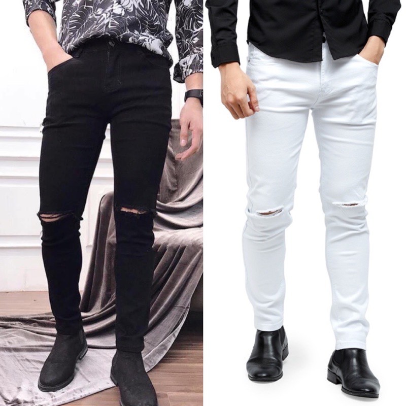 Quần jeans Nam Bigsize ĐEN TRẮNG trơn và Rách gối TCShopJeans