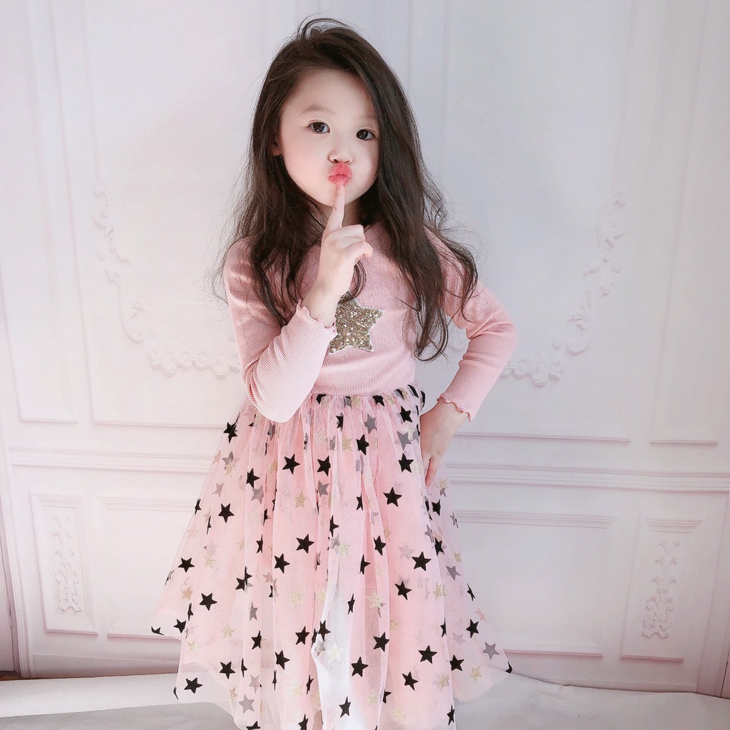 Váy bé  gái liền chân chất cotton hình sao lấp lánh