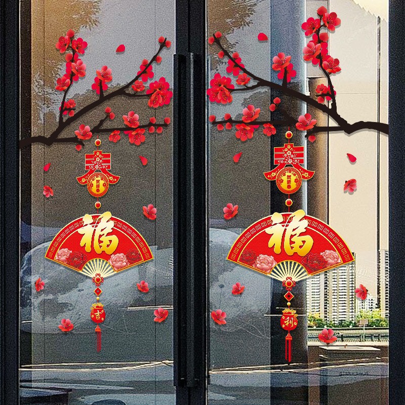 Decal Dán Tường Tết - 2 cành Mai đỏ quạt xòe mẫu mới
