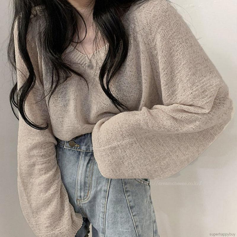 Áo sweater mỏng form rộng màu trơn trẻ trung xinh xắn cho nữ