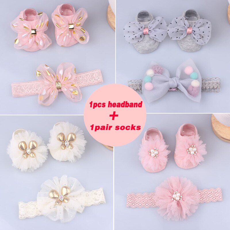 Set băng đô + vớ họa tiết hoa dễ thương cho bé gái sơ sinh