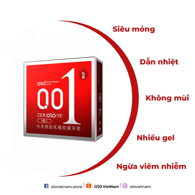 hàng trong kho Bán sỉ giá  đặc  biệtBao cao su OLO Zero One đỏ siêu mỏng 0.01mm nhiều gel bôi trơn HA 3 bao[M&S]